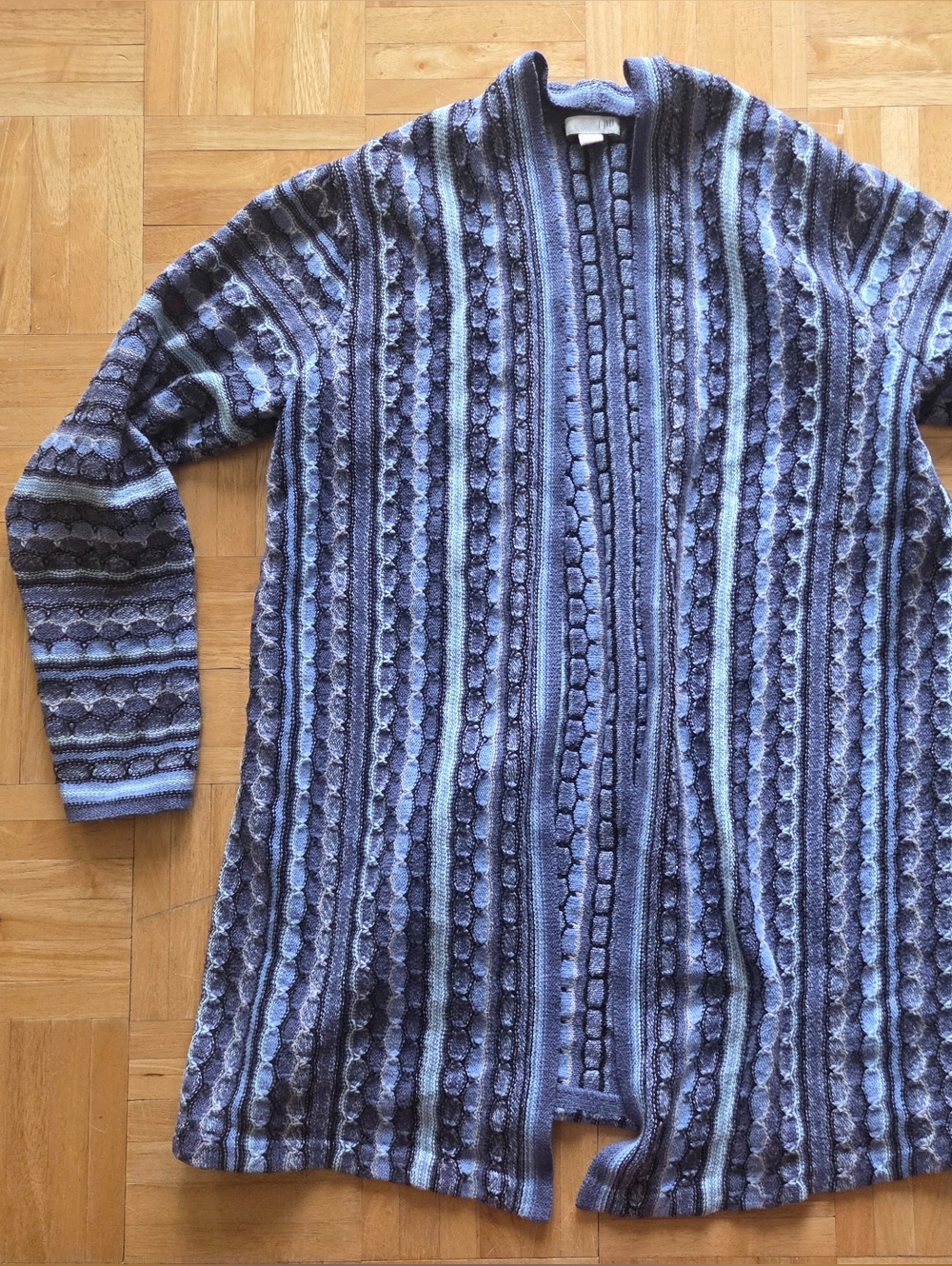 Long Open-Front Blue Patterned Women’s Sweater Cardigan